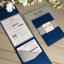 Navy Gray And Coral Wedding Invitations Modern Wedding Etsy Coral Wedding Invitations Navy Wedding Invitations Pocket Wedding Invitations