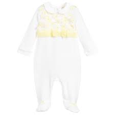An Ivory Cotton Babygrow By Mintini Baby With Pretty Lace And Floral Trims This Sweet Little Outfit Is Made From Soft Co Girls Rompers Kids Fashion Kids Wear