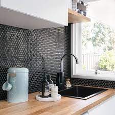 The countertops will have to blend with the floors, which will have to blend with the paint on. Black Penny Round Tiles Penny Tiles Kitchen Black Tiles Kitchen Penny Tiles Bathroom