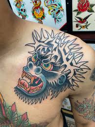 First session for my gorilla head done, done by Jimmy P. at Virtue Tattoo  in Meadows Place, Texas : rtraditionaltattoos