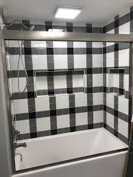 Black And White Buffalo Plaid Bathroom Decor Plaid Buffalo Check Black White And Grey Tub Shower Walls Bathroom Inspiration Diy Bathroom Shower Tub