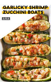 Garlicky Shrimp Zucchini Boats Are Low Carb High Reward Recipe Zucchini Boat Recipes Recipes Healthy Recipes