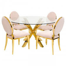 Crossly Gold Glass Round Dining Table Four Bespoke Chairs The Crossly Dining Table Has A Unique Modern De Dining Table Gold Gold Round Dining Table Gold Dining