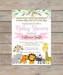 Set of fun safari jungle animal photo booth props on a stick baby shower invitations cupcakes ~ girlsintechdet. Jungle Animals Baby Shower Invitation Girl Jungle Safari Baby Etsy