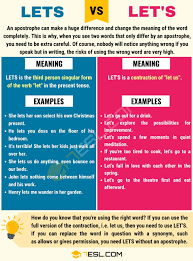 Lets Vs Let S When To Use Lets Or Let S With Useful Examples 7 E S L In 2020 Confusing Words Learn English Learn English Vocabulary