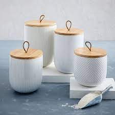 Check spelling or type a new query. Textured Stoneware Kitchen Canisters W Wood Tops White Kitchen Canisters Kitchen Cannisters Kitchen Remodel Small