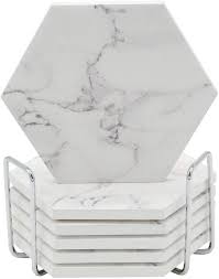 Buy Cotidiano Absorbent Hexagon Coasters For Drinks 6pcs Ceramic Coaster Set With Silver Metal Coaster Holder White Marble Coaster Design With Non Slip Cork Base Online In Turkey B08r96r6bq