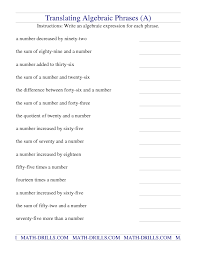 The printable translating phrases worksheets in this page provide prolific practice to 6th grade, 7th grade, and 8th grade students on expressing the phrases as algebraic expressions like linear expressions, single & multiple variable expressions, equations and inequalities. Algebra Worksheet Translating Algebraic Phrases A Translating Algebraic Expressions Algebraic Expressions Algebra Worksheets