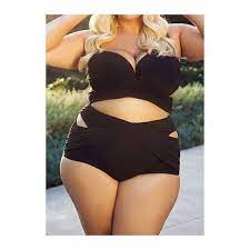 Plus Size Solid Black Cutout Two Piece Swimwear Plus Size Bikini Plus Size Bikini Set Bikini Set High Waist