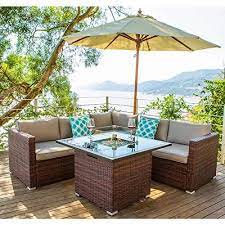 Cosiest 4 Piece Propane Fire Pit Outdoor Sectional Sofa Set Brown Patio Furniture Set W 36 Inch Square Fire Table 40 000 Btu Glass Wind Guard Internal Tank In 2021 Patio Furniture Sets Fire
