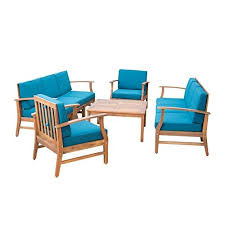 Lorelei Outdoor 8 Seater Teak Finished Acacia Wood Double Sofa And Club Chair Set With Blue Water Resistant Cushions Outdoor Sofa Sets Blue Cushions Outdoor Sofa