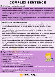 Complex Sentence Definition And Examples Of Complex Sentences In 2020 Complex Sentences Complex Sentence Examples English Writing Skills