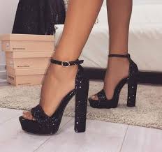 Black Ankle Strap High Heel Sandals Black Glitter Women Square Heel Sandals Black Glitter Heel Sandals Square Women In 2020 Sandals Heels Summer Dresses Shoes Black Sandals Heels