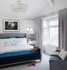 This functional bedroom bench made of beechwood and velvety polyester is crafted to perfection. Blue Velvet Bench Contemporary Bedroom Terris Lightfoot