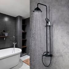Chester Elegant Antique Black Rainfall Showerhead With Handheld Shower Faucet Set Solid Brass Wall Mounted Exposed Shower System In 2020 Shower Systems Shower Faucet Sets Shower Fixtures