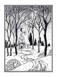 Wood Cabin In Winter Forest Landscape With Trees And Snow Road Vector Illustration Isolated Retro Prin Winter Forest Adventure Artwork Landscape Illustration