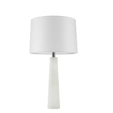On a clear optic crystal base in an octagonal shape. Calla White Cone Shaped Alabaster Table Lamp