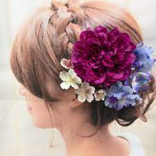 成人式 髪飾り 花飾り 袴 振袖 結婚式 浴衣 ヘアアレンジ 桜が舞う パープルダリアとブルー紫陽花 桜の髪飾り 浴衣 ヘアアレンジ ヘアアレンジ 袴 髪型 ショート