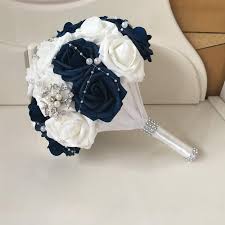 New 10pcs cheap silk artificial rose flower bouquet diy craft room table accessories for home wedding decoration fake flowers flower blue bouquet for sale. Navy And White Roses Bridal Bouquet Artificial Blue Flower Bouquet Vanrina