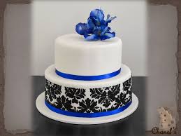 Black And Blue Wedding Cake Black Damask Royal Blue 2 Tier Round Wedding Cake With Black Damask Stencil And Royal Blue Romantic Wedding Cake Wedding Cake Two Tier Royal Blue Cake