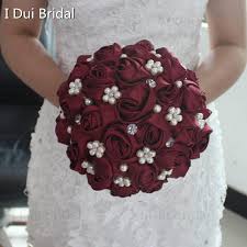 Bridal Bouquet Satin Rose Crystal Pearl Beaded Maroon Wedding Wedding Bridal Bouquets White Wedding Bouquets