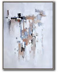 Large Abstract Art Handmade Painting Vertical Palette Knife Contemporary Art Acrylic Painting On Canvas Beige Grey Vertical wooden frames mockup with a border hanging on the wall. large abstract art handmade painting