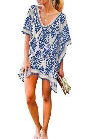 Blue Floral Print Hem Tassel Beach Cover Up Swimsuit Beach Dress Bikini Cover Up Swimwear Cover