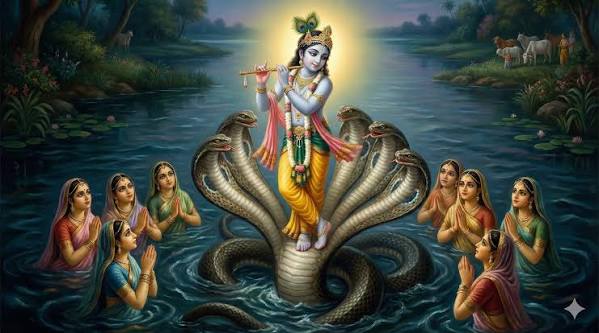 Krishna subduing Kaliya in renaissance style painting