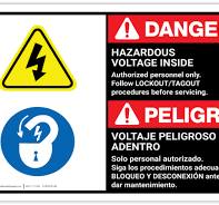 Danger: Hazardous Voltage Inside Follow Lockout Tagout Bilingual Spanish -  Label