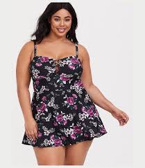 Torrid Black Floral Lattice Wireless One Piece Swim Dress Swim Dress Women S Plus Size Swimwear Plus Size Swimwear