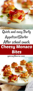 Before i get into planning a lunch/dinner party, i want to talk about snacks. Cheesy Monaco Bites Monaco Biscuit Party Topping Recipe Appetizers For Party Easy Party Food Party Food Easy Healthy