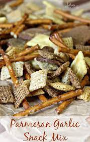 Parmesan Garlic Snack Mix Loaded With Chex Pretzels And Rye Chips Snack Mix Chex Mix Recipes Snack Mix Recipes