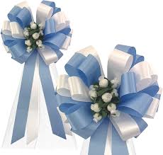 Amazon Com Baby Blue And White Wedding Pull Bows With Tulle Tails And Rosebuds 8 Wide Set Of 6 Wedding Pew Bows Aisle Decoration Reception Anniversary Health Household