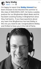 This is such an incredible, exciting honor for Bobby Howard! Make sure to  send congratulations to him! The Rink of Dreams is a museum of sorts in  Cooperstown chronicling minor pro hockey