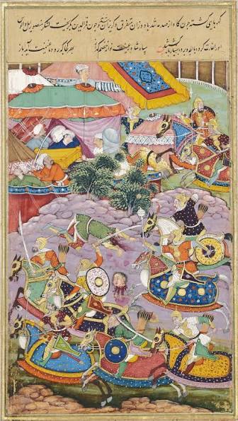 File:Timur's forces led by his son 'Umar Shaykh defeating the army of Qamar al-Din; a folio from the royal Mughal Zafarnama, by Jagjivan Kalan, Mughal India, circa 1595-1600.jpg - Wikimedia Commons
