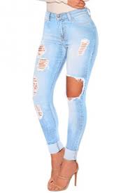 Womens Fashion Light Blue Distressed Ripped Knee Cut Skinny Fit Jeans With Hole Takeluckhome Com