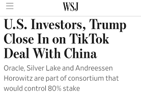 中國終於對TikTok讓步了目前美中達成協議如下： 1. TikTok的美國業務將由美國財團控制（甲骨文、銀湖資本和安德里森·霍洛維茨） 2.  股份分配為美國80%；中國20% 3. 將TikTok禁令推遲到12月16日4. 中國仍掌握TikTok演算法