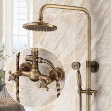 Exposed Antique Brass 8 Quot Rainfall Shower Faucet With Hand Spray Tub Spout Mix Tap Home Amp Garden Home I Shower Faucet Shower Fixtures Rainfall Shower