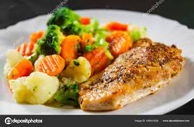 Chicken Fillet Mixed Vegetables Cauliflower Broccoli Carrots White Plate Wooden Stock Photo Image By C Semenovp 193431526