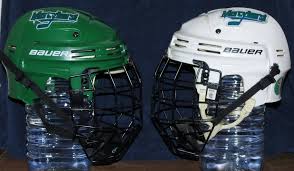 2011-12 game used road/home Mercyhurst University helmets.…