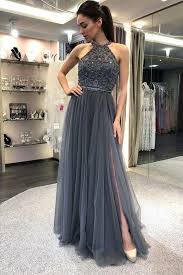 Halter Grey Long Prom Dresses With Beaded In 2020 Prom Dress Inspiration Grey Prom Dress Prom Dresses Long