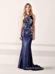 Pronovias 2020 Abiye Elbise Modelleri Lacivert Uzun Kolsuz Parlak Kumas Cicek Aplik Suslu Kiyafet Kombinleri Mermaid Dresses Evening Dresses Party Dresses For Women