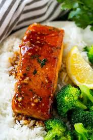Honey Garlic Salmon Served Over Rice With A Side Of Broccoli Honey Garlic Salmon Salmon Recipes Healthy Salmon Recipes