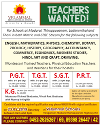 Velammal Schools Madurai Wanted Teachers Pgt Tgt Sgt Prt Pet Kgt Faculty Teachers