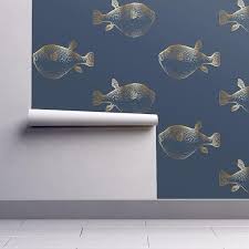 Fish Wallpaper Gold Blowfish Navy Pufferfish By Jenlats Etsy Fish Wallpaper Blowfish Self Adhesive Wallpaper