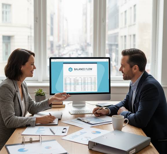 Small business owner reviewing a job costing dashboard on a laptop at a desk.