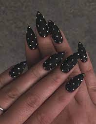 50 Most Beautiful Black Nails For Winter And All Year Round Rhinestone Nails Gold Glitter Nails Stiletto Nails Designs