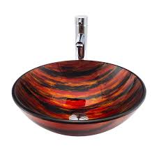 Aquaterior tempered glass round vessel sink antique totem pattern above counter bathroom lavatory vanity bowl basin round shape vessel sink, solid tempered glass construction coppery totem, antique and artistic look overall dimension (dia. Vintage Bathroom Sink And Faucet Set Counter Top Vessel Sink With Without Tap Basin Bwy19030