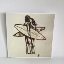 Retro Biro Sketch Surfers Kissing Love Artwork Square Blank Greetings Card Surfart Surfing Surfer Surf Girl Valentines Surf Drawing Surf Art Kiss Artwork