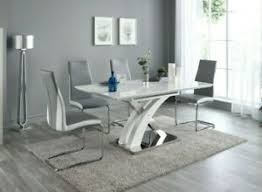 Whether you prefer a metal, glass or wood dining room table. Pescara High Gloss Dining Table Set And 6 Upholstered Grey And White Chairs 758114737885 Ebay